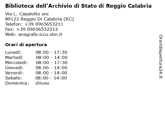 Orari di apertura Biblioteca dell Archivio di Stato di Reggio